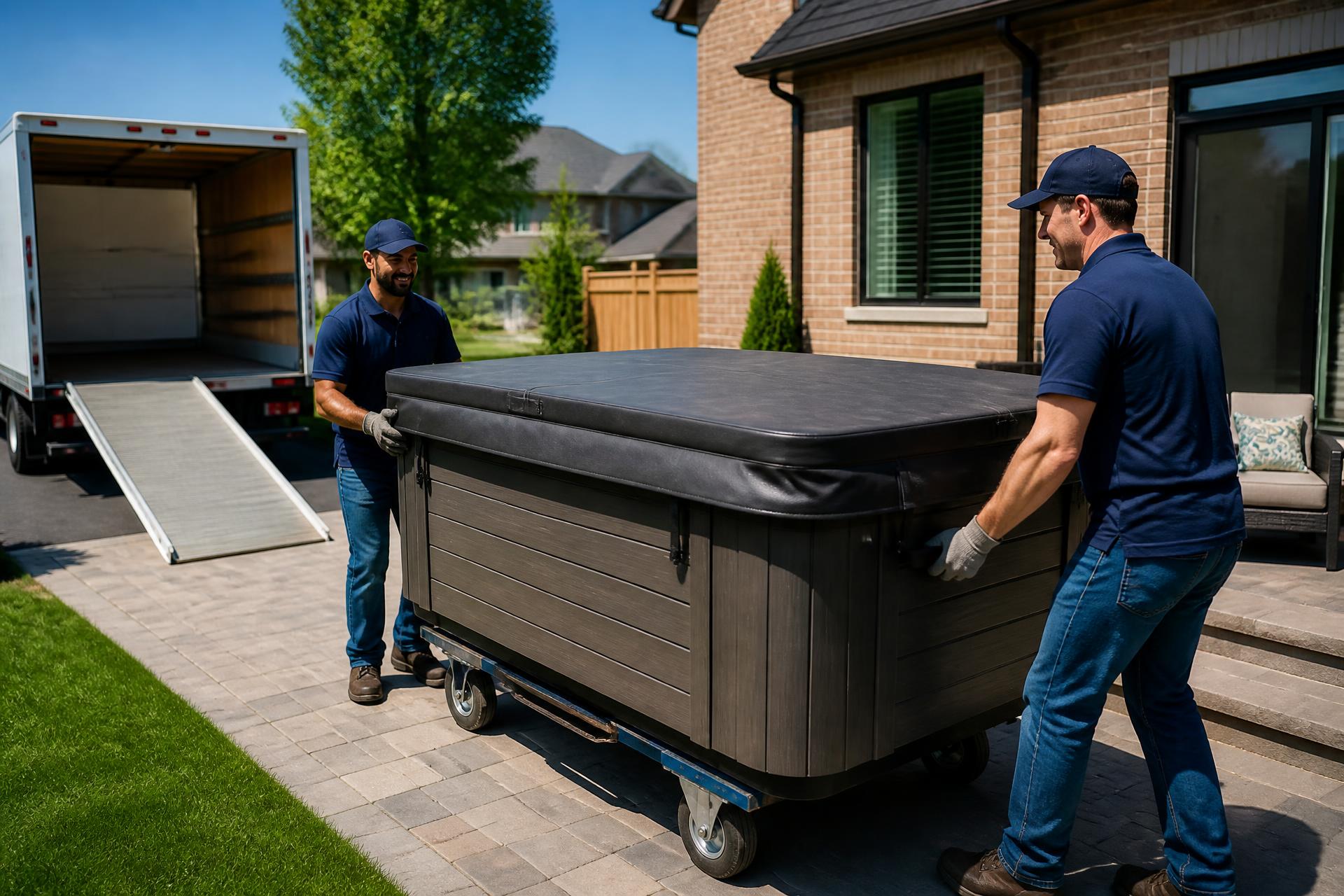 Professional movers transporting a hot tub in an Ontario backyard